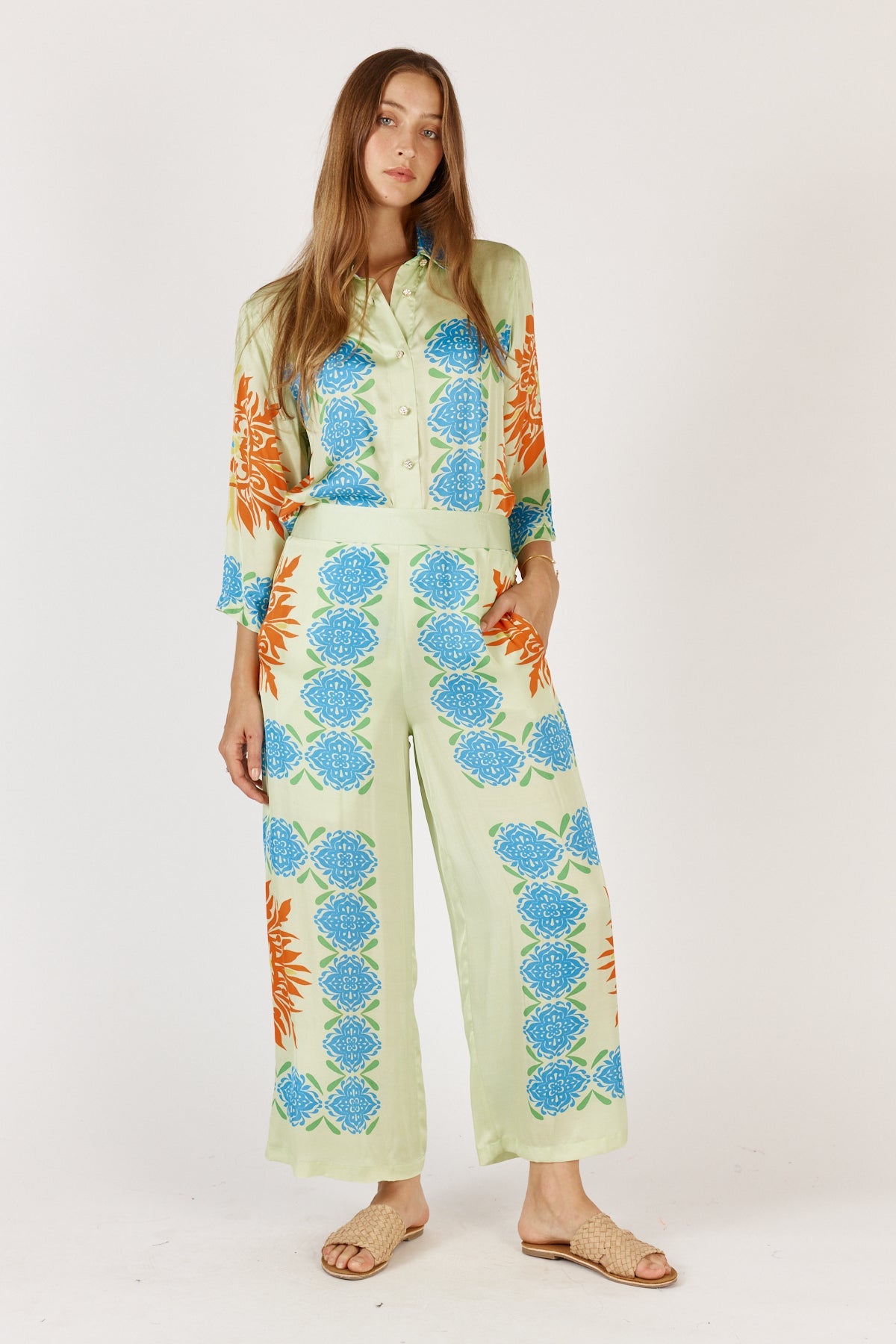 Image of a model wearing Pants. Productname: Rubyyaya Agadir Pant Mint in Mint colour by brand - Rubyyaya