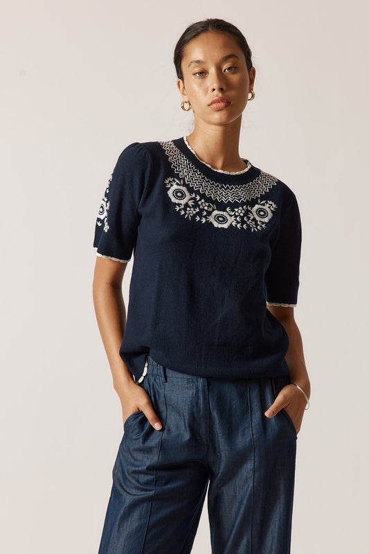 Image of a model wearing Outerwear. Productname: Rubyyaya Ariel Sweater Navy in Navy colour by brand - Rubyyaya