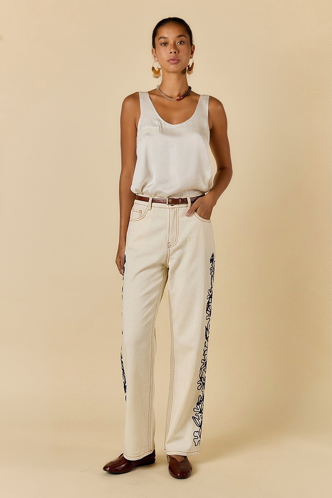 Rubyyaya Carmi Floral Embroidered Jean Natural (Red)