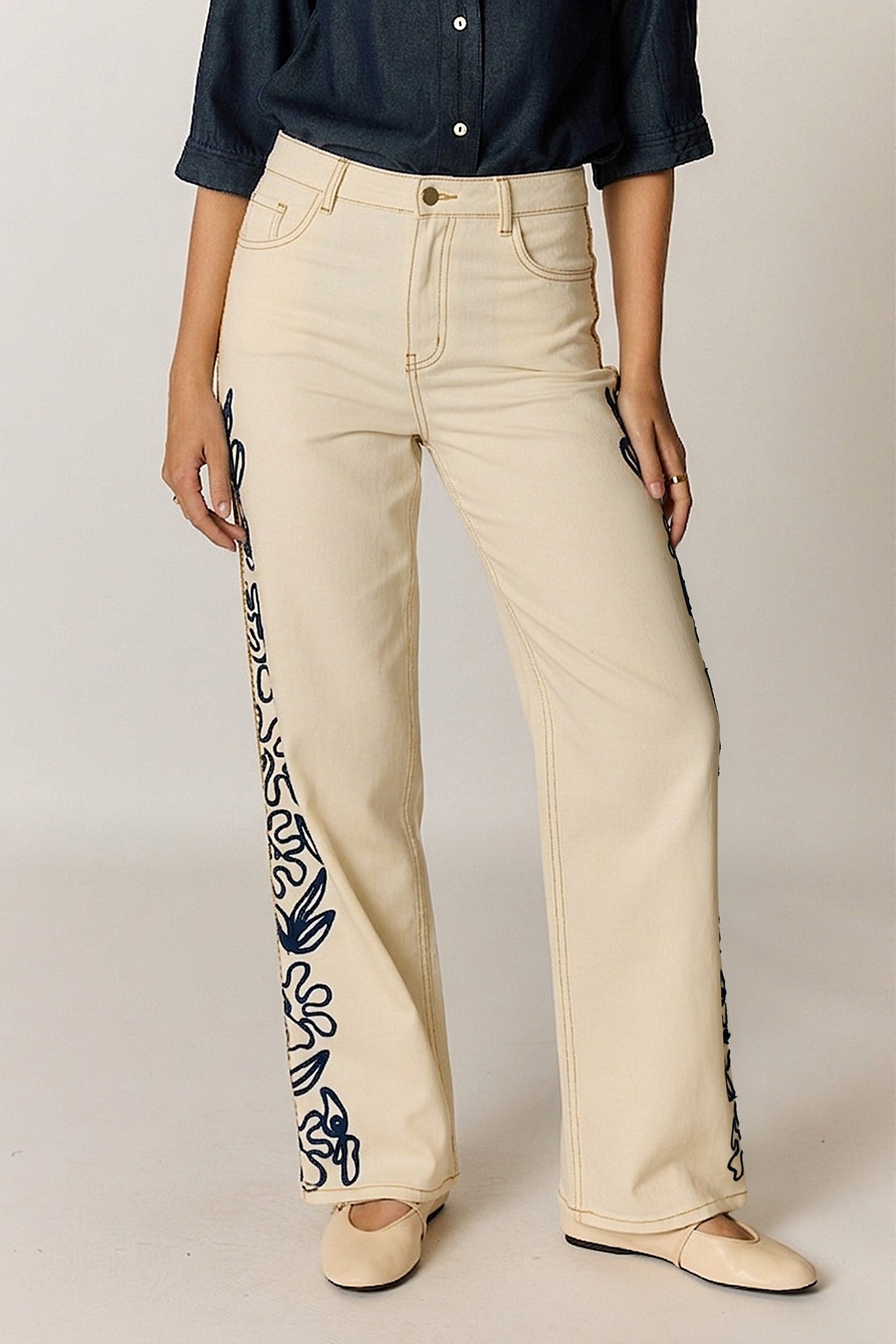 Rubyyaya Carmi Floral Embroidered Jean Natural (Red)