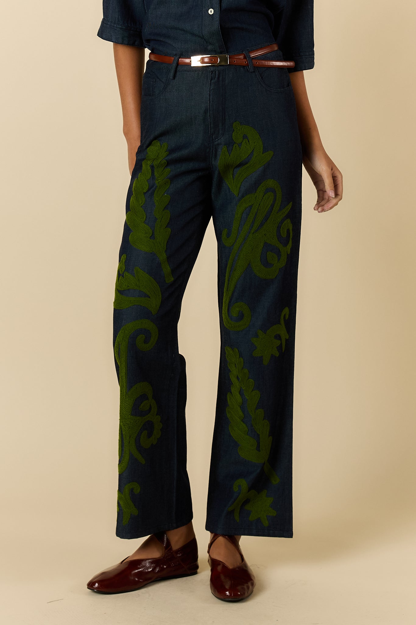 Rubyyaya Carmi Paisley Embroidered Jean Denim (Red)
