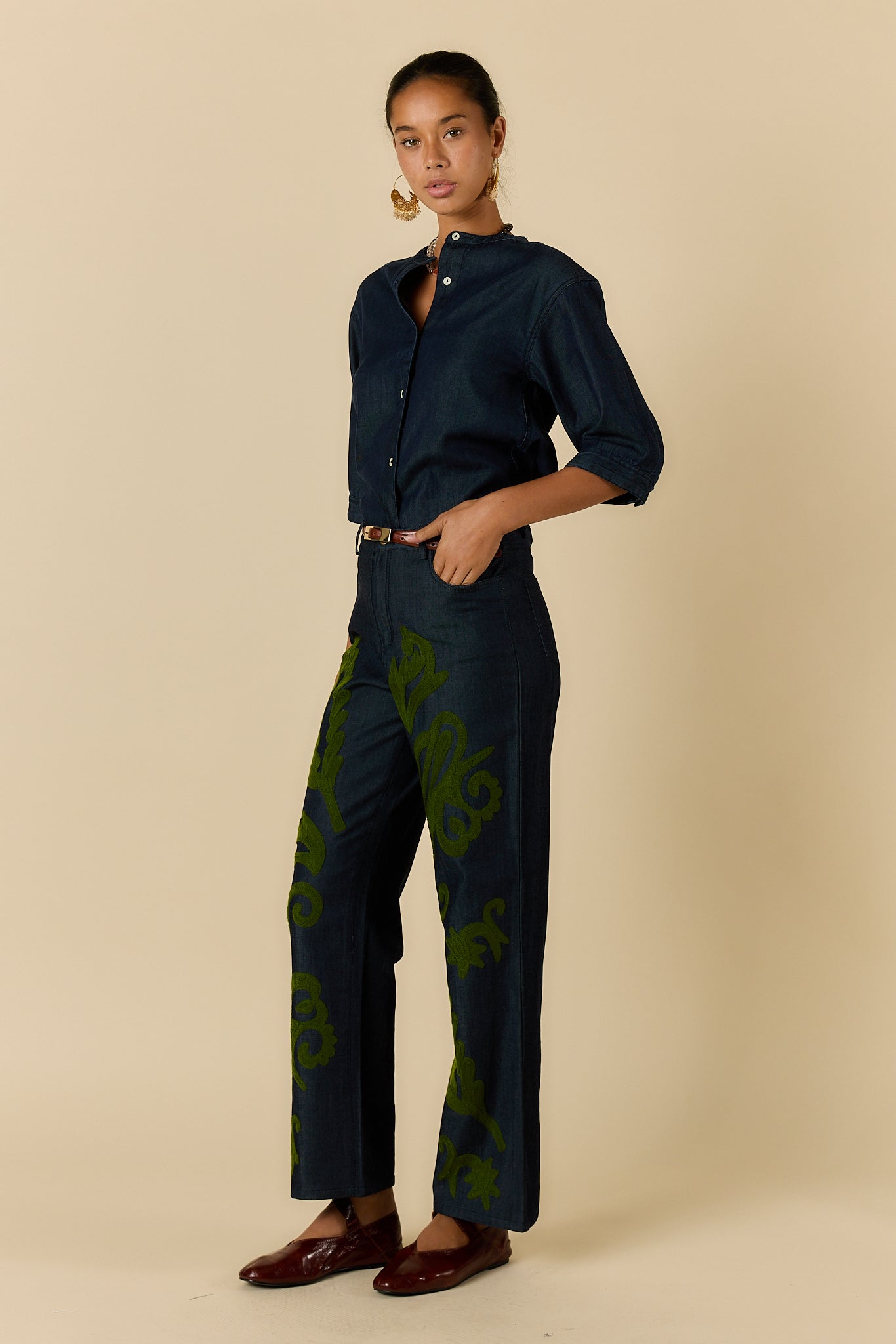 Rubyyaya Carmi Paisley Embroidered Jean Denim (Red)