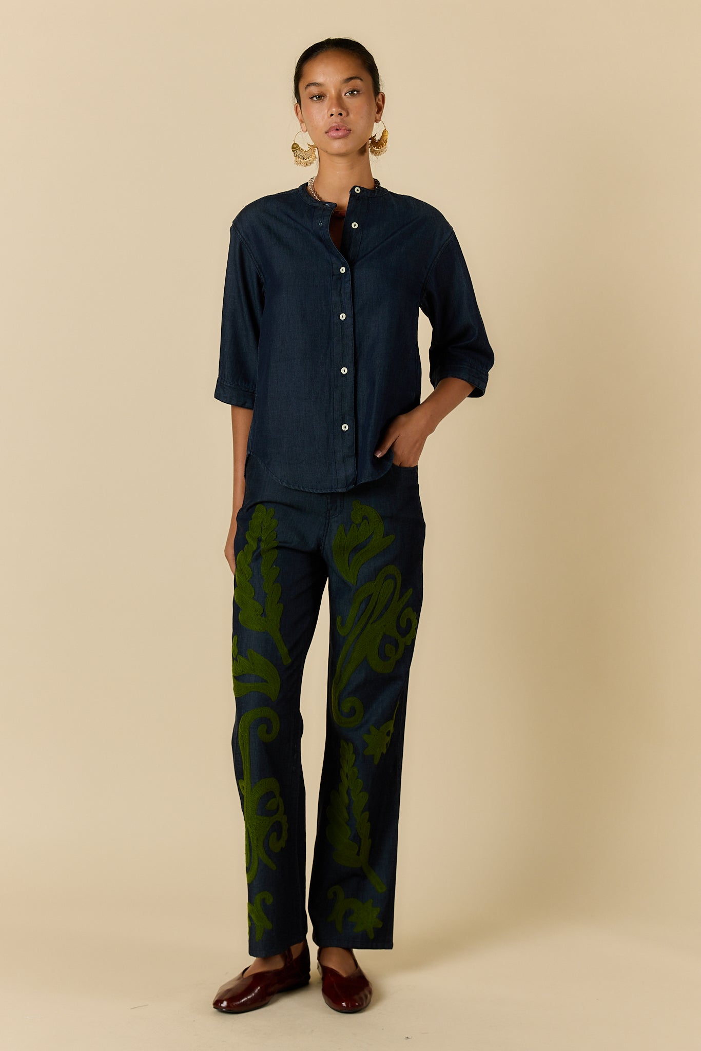 Rubyyaya Carmi Paisley Embroidered Jean Denim (Red)