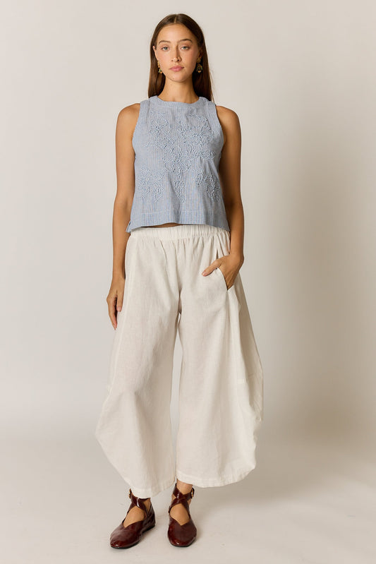 Image of a model wearing Tops. Product name - Rubyyaya Cornelli Stripe Top Blue in Blue colour by brand - Rubyyaya