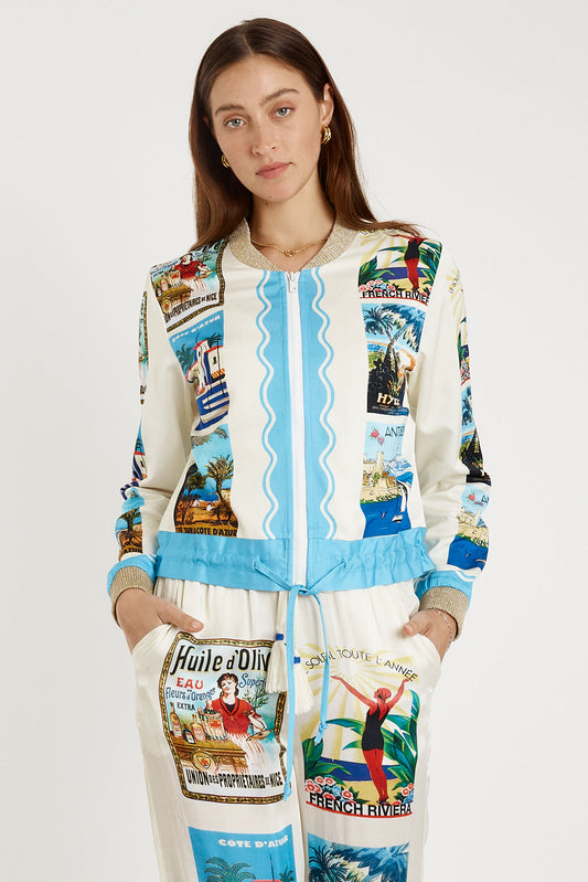 Image of a model wearing Outerwear. Productname: Rubyyaya Corsica Bomber Print in Print colour by brand - Rubyyaya