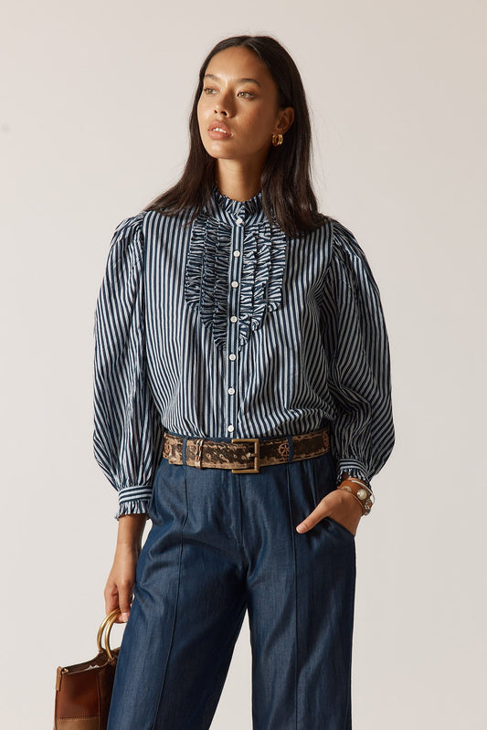 Image of a model wearing Tops. Productname: Rubyyaya Countryside Frill Top Navy in Navy colour by brand - Rubyyaya