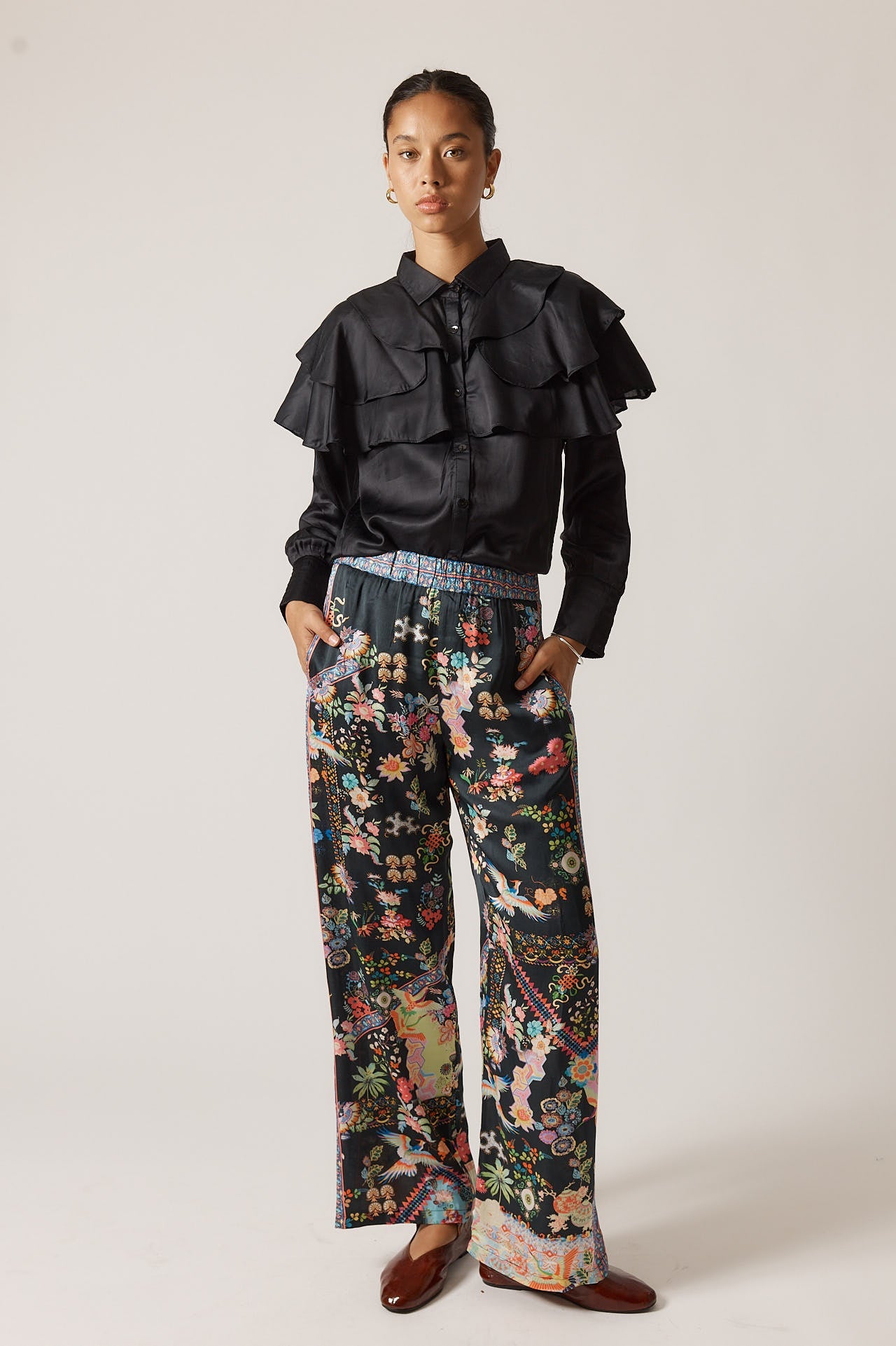 Image of a model wearing Pants. Productname: PRE SALE | Rubyyaya Lala Pant Steel in Steel colour by brand - Rubyyaya