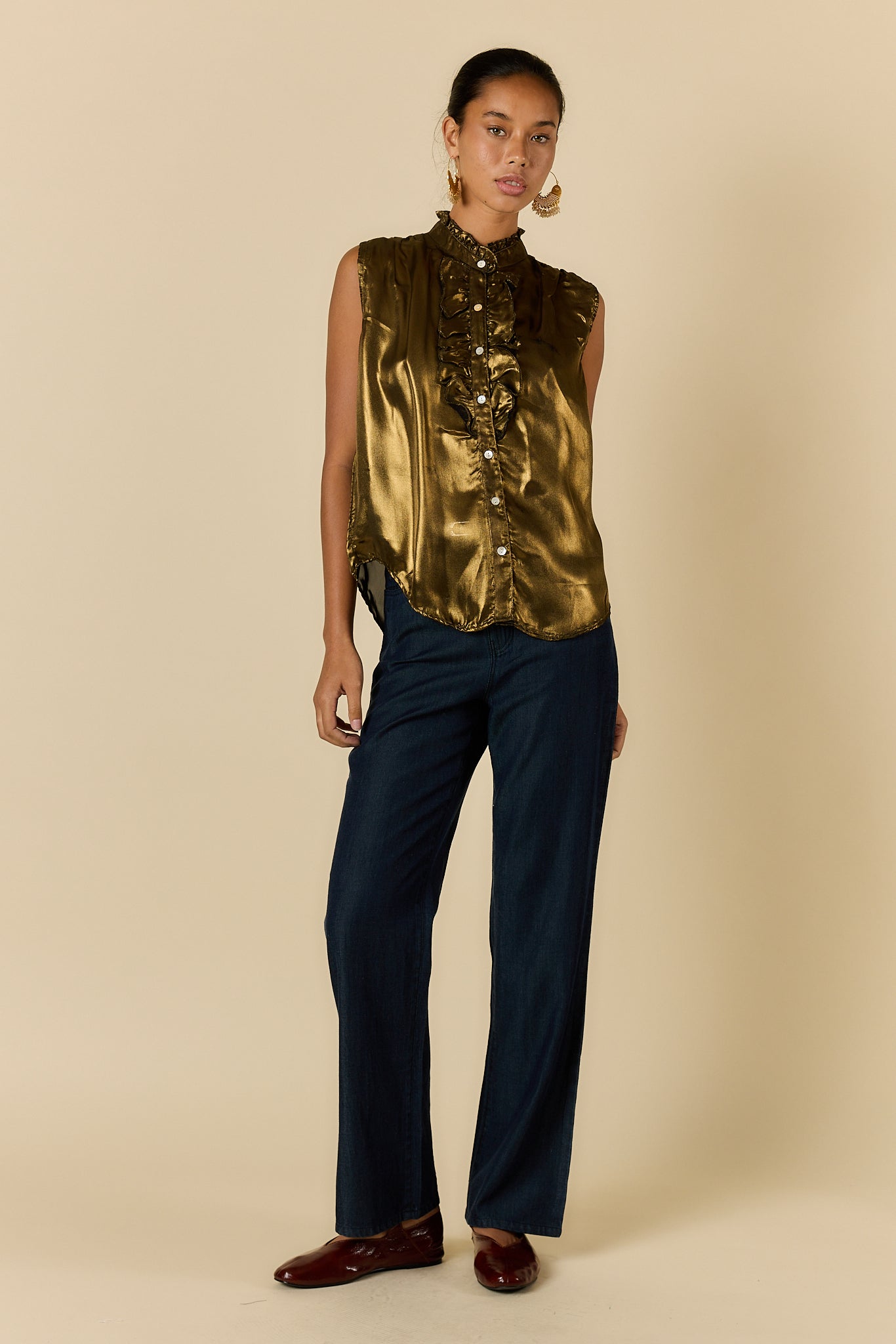 Image of a model wearing Tops. Product name - Rubyyaya Monaco Top Bronze in Bronze colour by brand - Rubyyaya