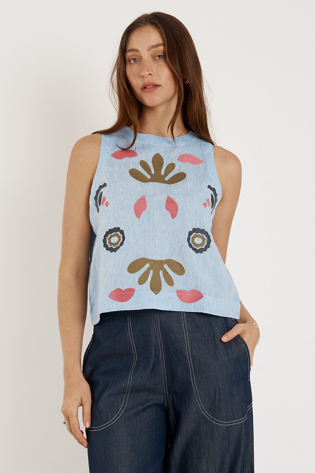 Image of a model wearing Tops. Productname: Rubyyaya Monoki Tank Chambray in Tan colour by brand - Rubyyaya