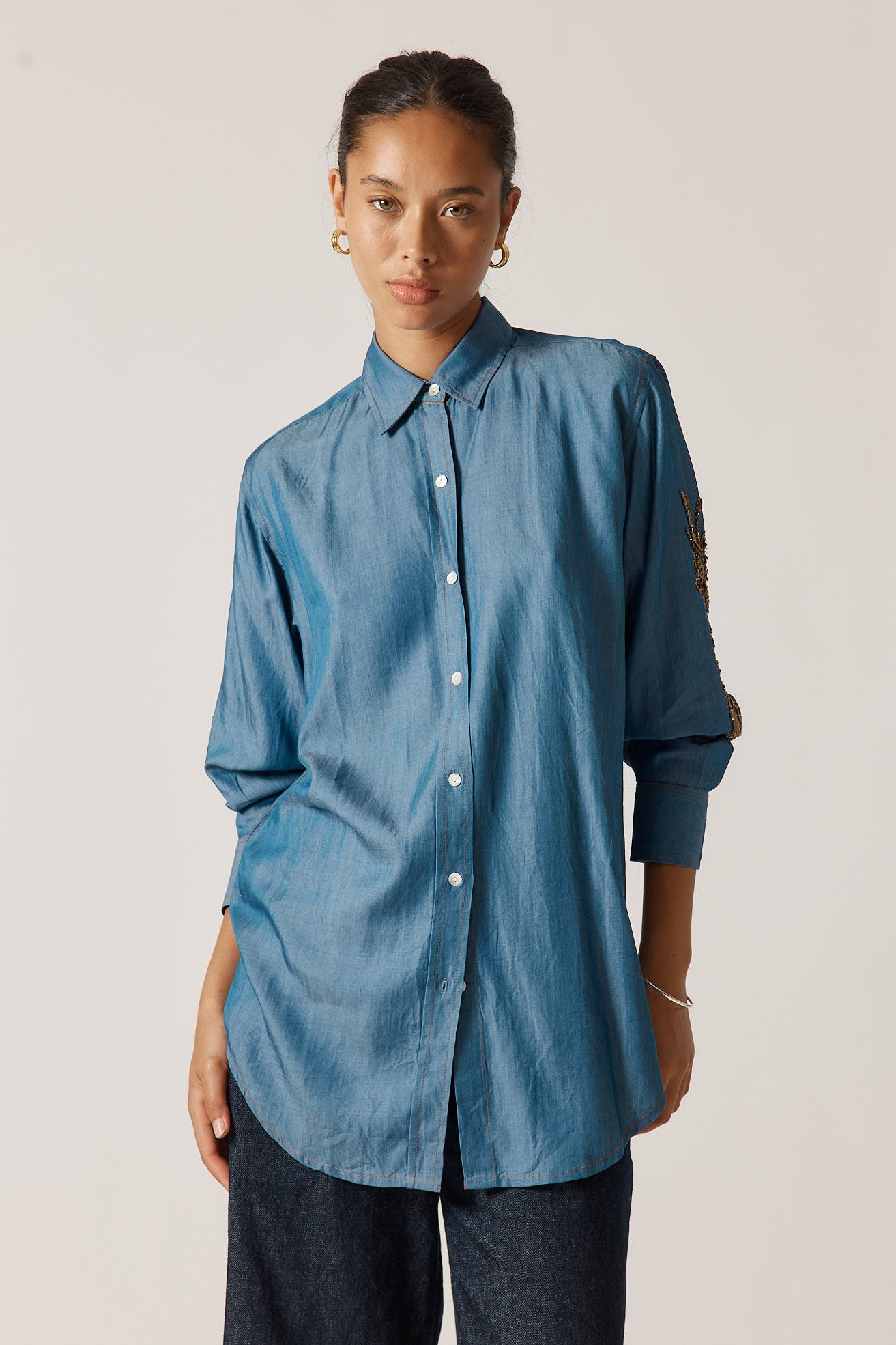 Image of Jeans. Product name - Rubyyaya Montana Shirt Denim in Tan colour by brand - Rubyyaya