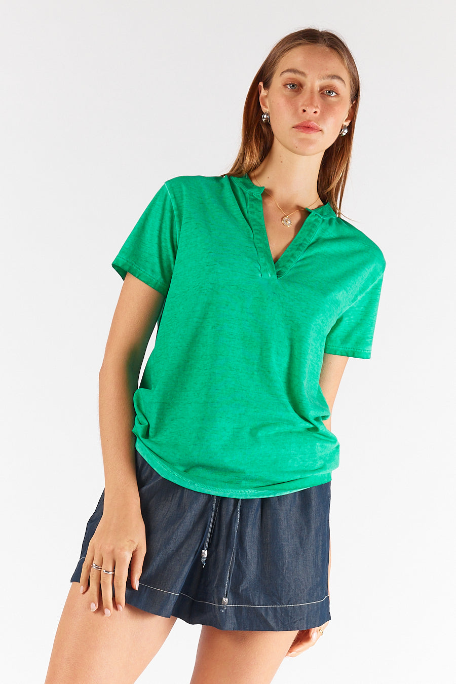 Image of T-Shirts. Product name - Rubyyaya Plain Collar T-Shirt Emerald in Emerald colour by brand - Rubyyaya