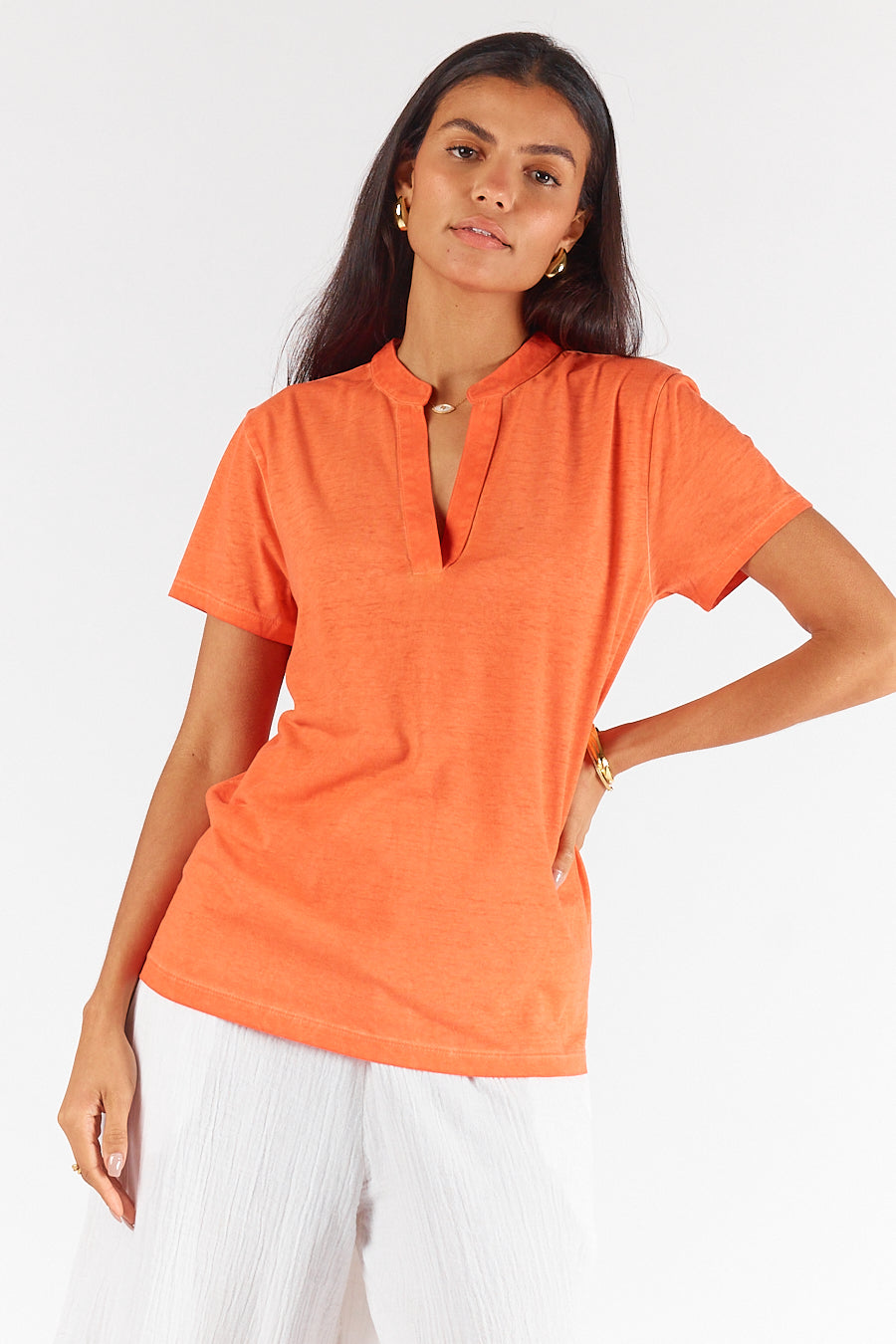 Image of T-Shirts. Product name - Rubyyaya Plain Collar T-Shirt Coral in Coral colour by brand - Rubyyaya