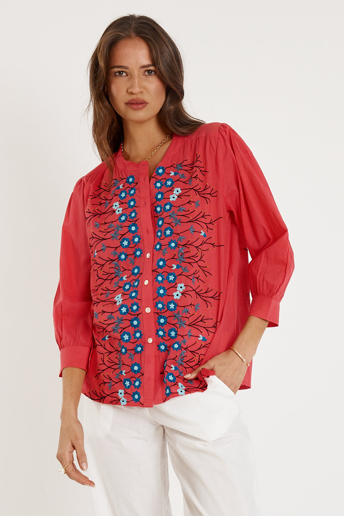 Image of a model wearing Tops. Product name - Rubyyaya Provence Top Watermelon in Watermelon colour by brand - Rubyyaya