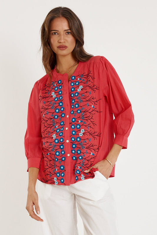 Image of a model wearing Tops. Product name - Rubyyaya Provence Top Watermelon in Watermelon colour by brand - Rubyyaya