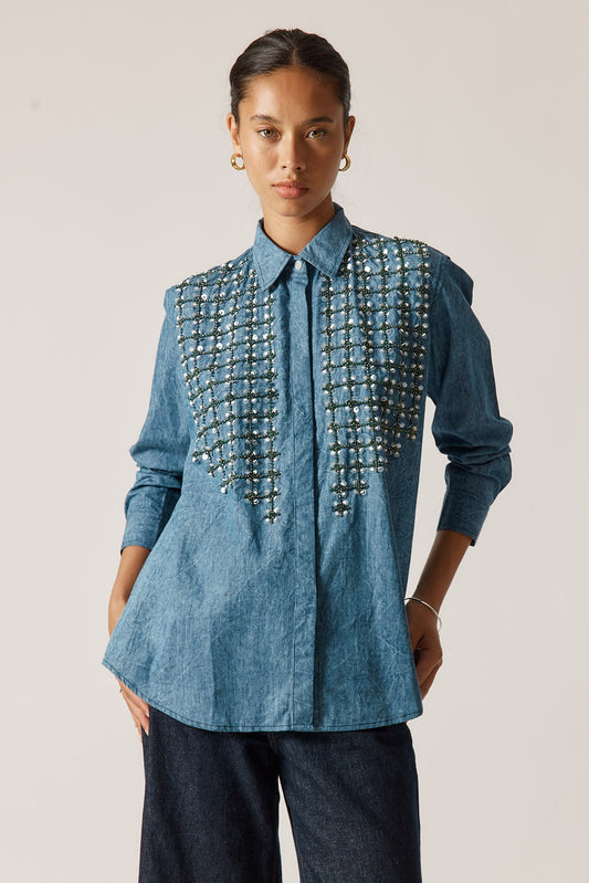 Image of Jeans. Product name - Rubyyaya Puttin On The Ritz Shirt Denim in Denim colour by brand - Rubyyaya