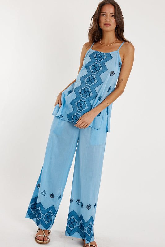 Image of a model wearing Pants. Productname: Rubyyaya Ravello Pant Blue in Blue colour by brand - Rubyyaya