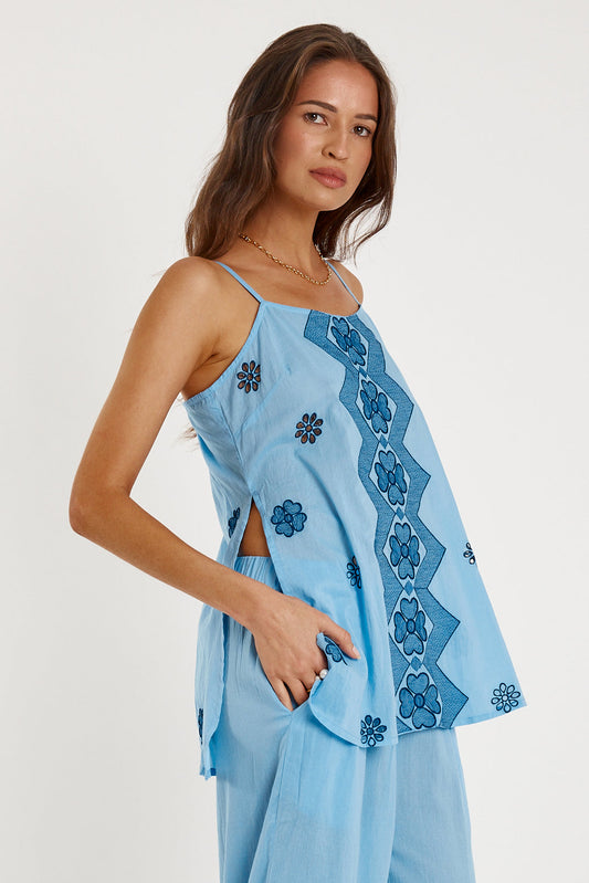 Image of a model wearing Tops. Productname: Rubyyaya Ravello Top Blue in Blue colour by brand - Rubyyaya