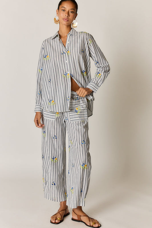 Image of a model wearing Pants. Product name - Rubyyaya St Tropez Pant Stripe in Stripe colour by brand - Rubyyaya