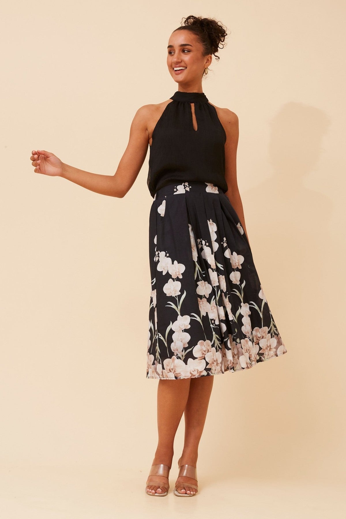 CEDAR FLORAL PRINT MIDI SKIRT (Multi Black)