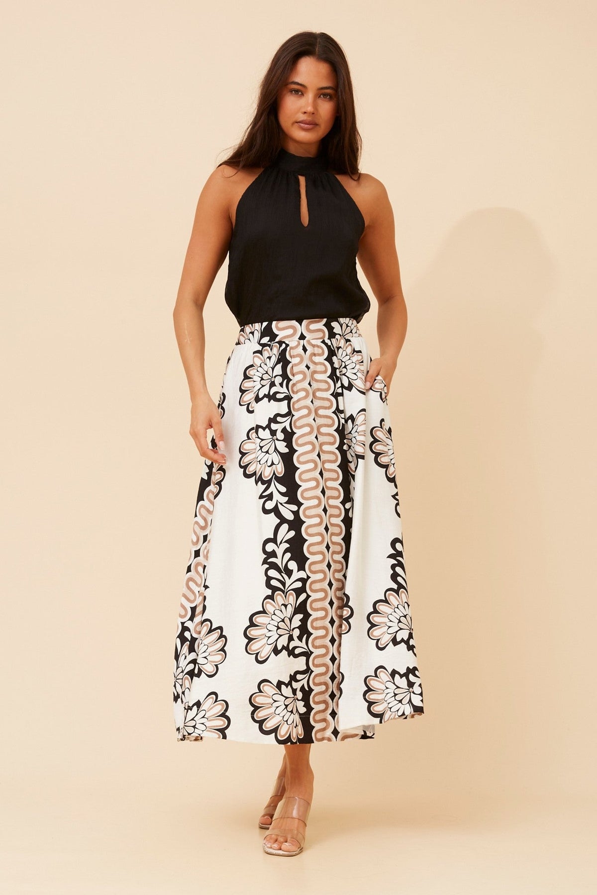 TOSCA BORDER PRINT MAXI SKIRT (Multi Beige)