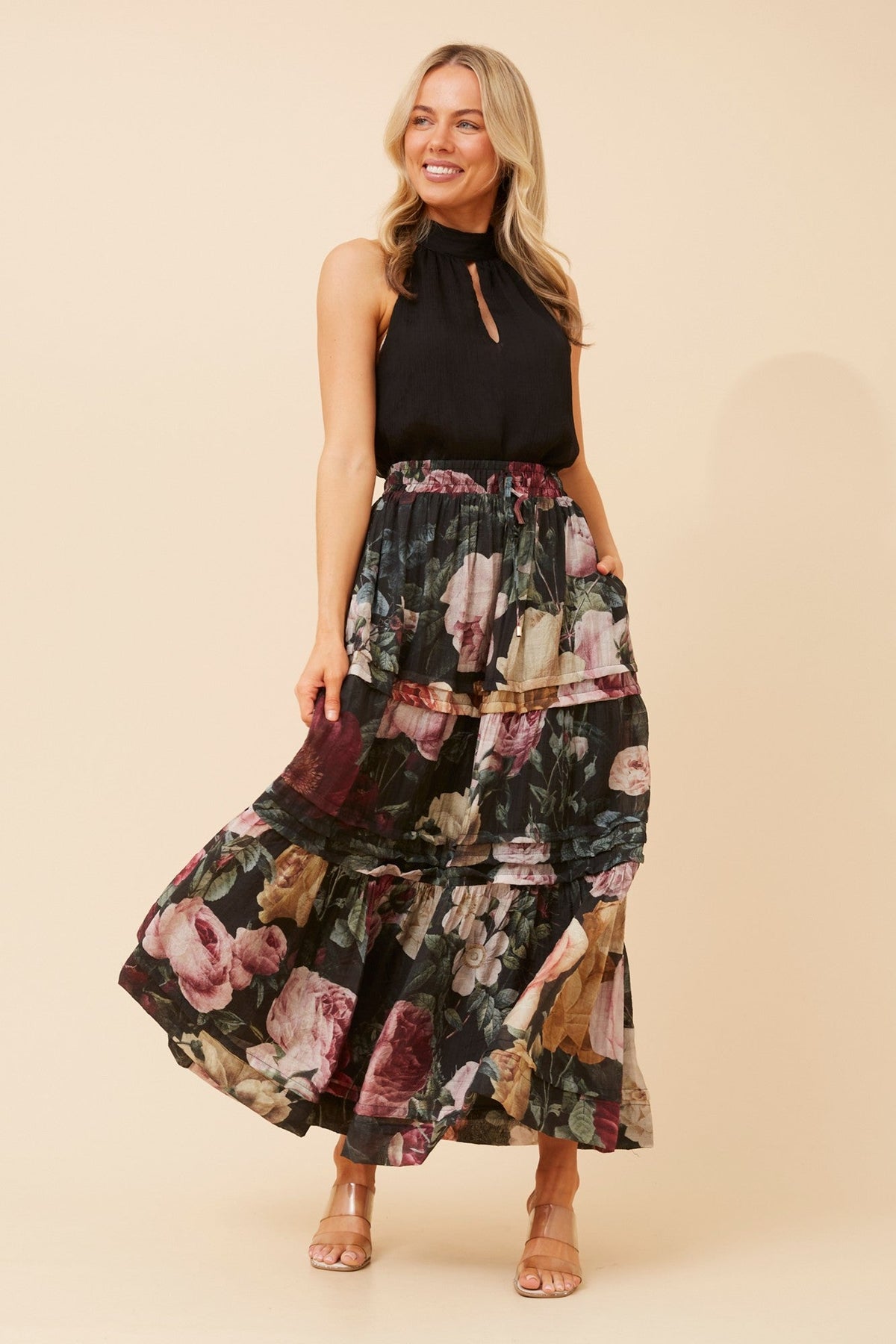 NATE FLORAL PRINT MAXI SKIRT (Multi Black)