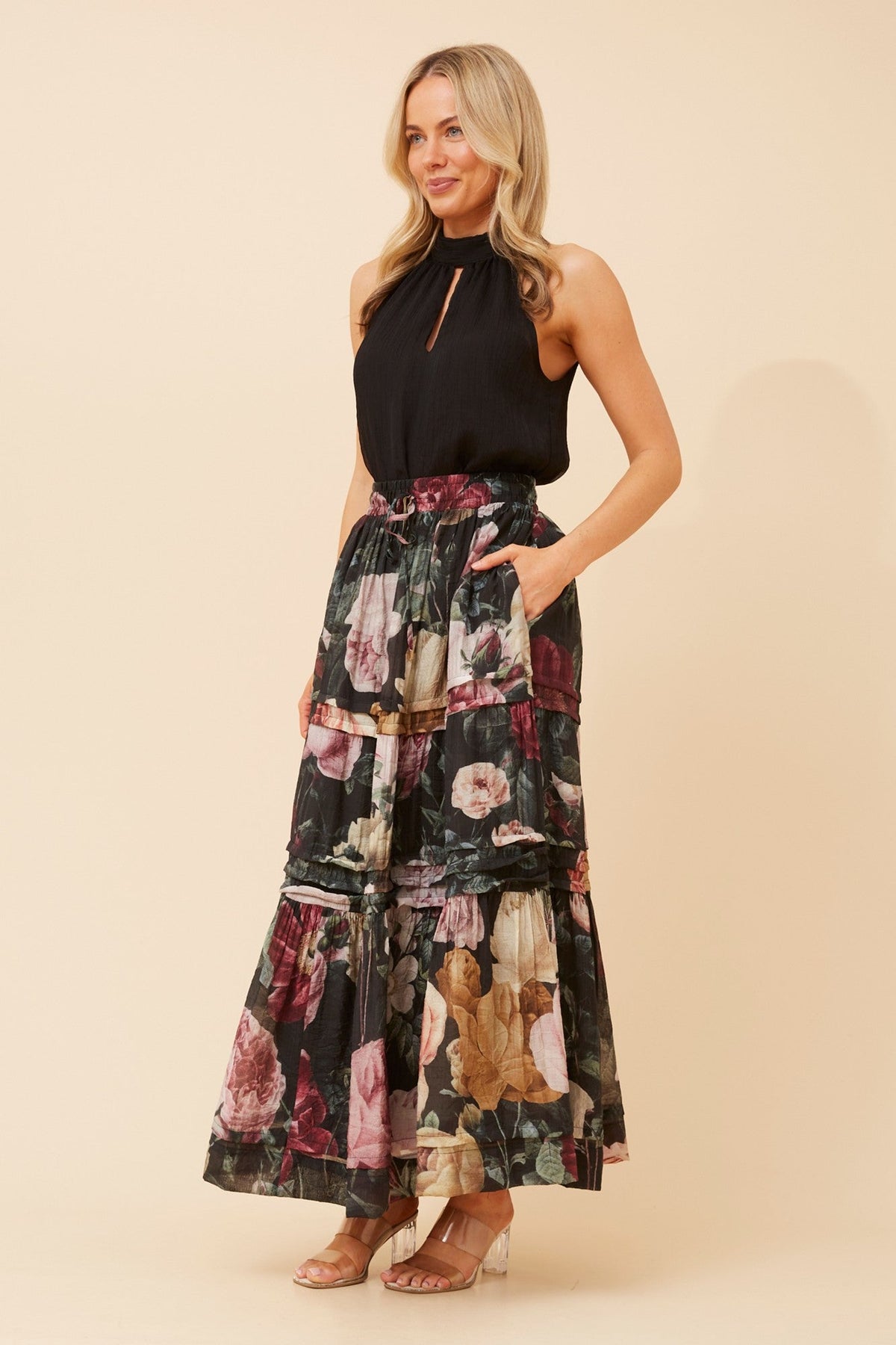 NATE FLORAL PRINT MAXI SKIRT (Multi Black)