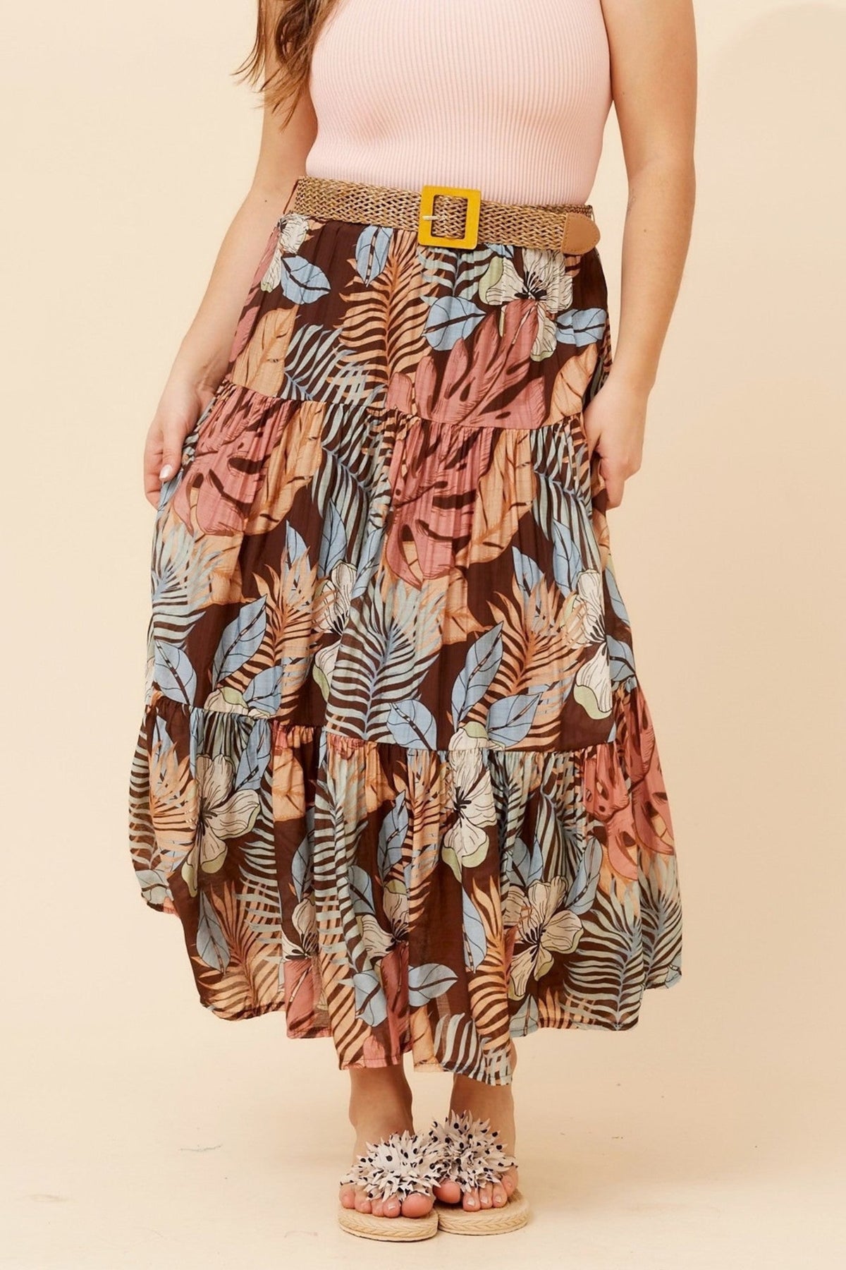ROSIKA TROPICAL PRINT SKIRT (Chocolate)