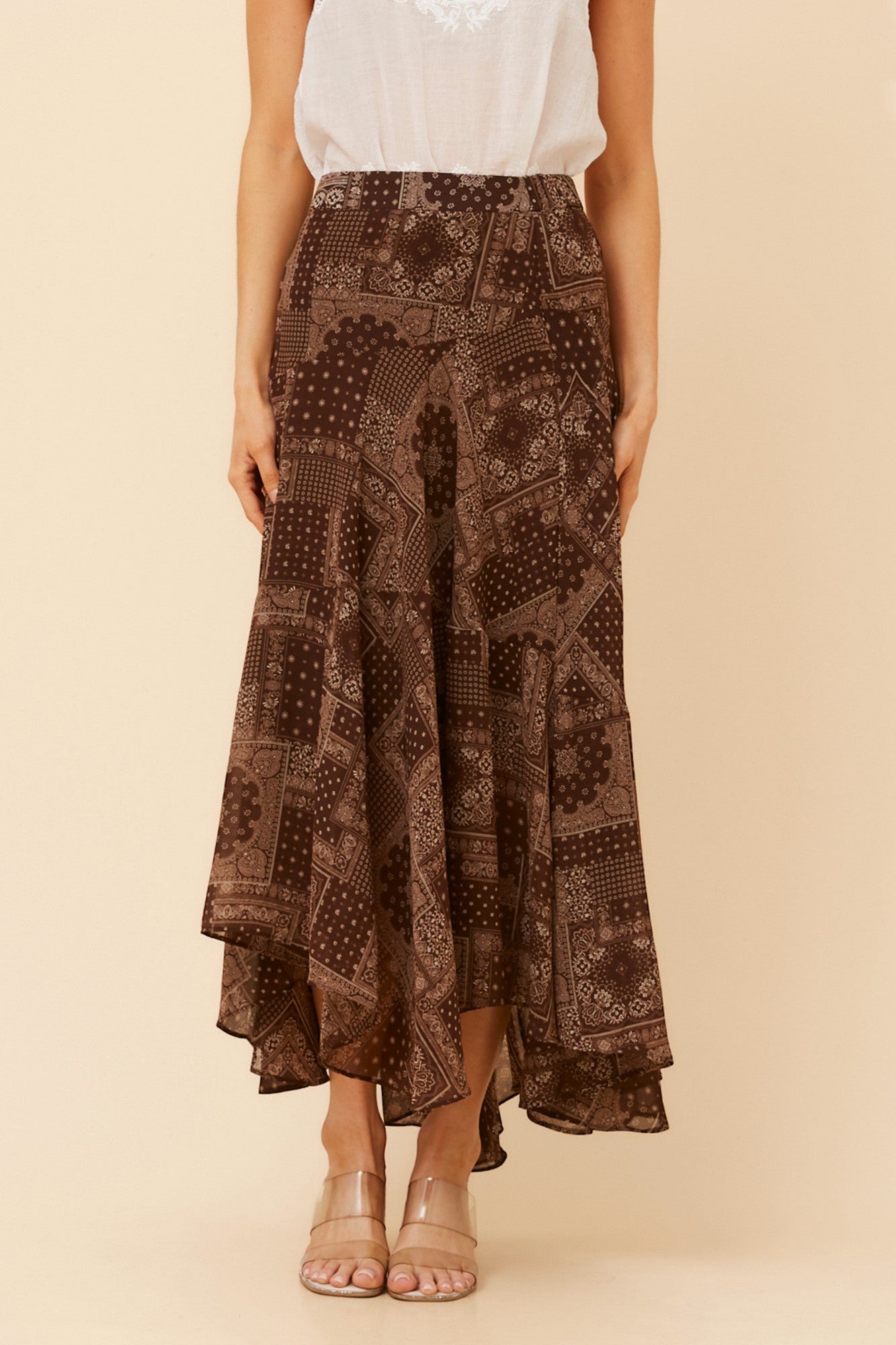EUGENIA PATCHWORK PRINT MIDI SKIRT (Chocolate)