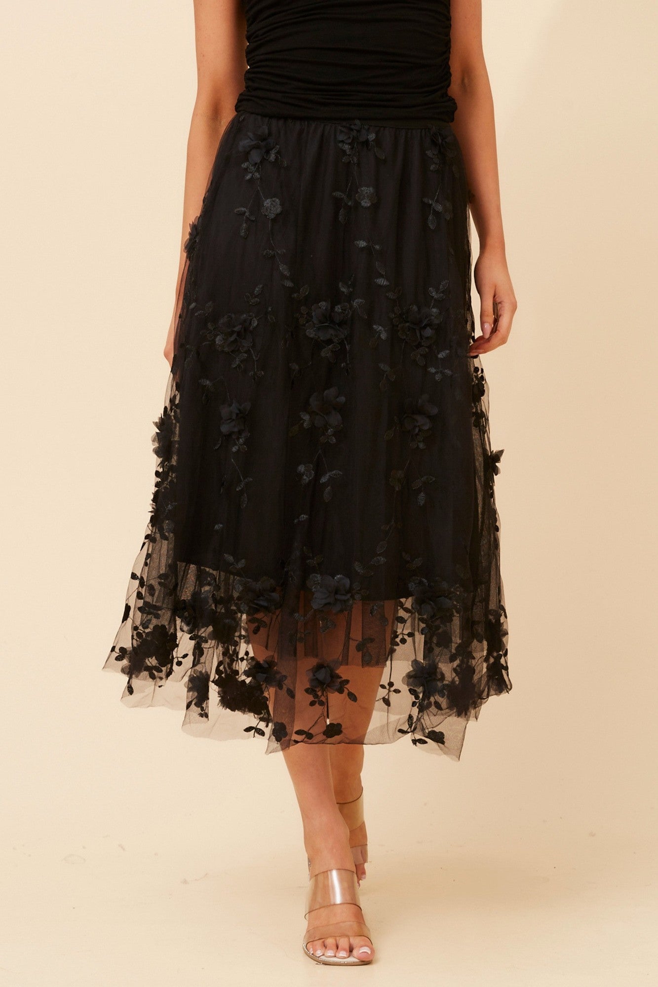 AGNALA EMBROIDERED FLORAL MIDI SKIRT (Black)
