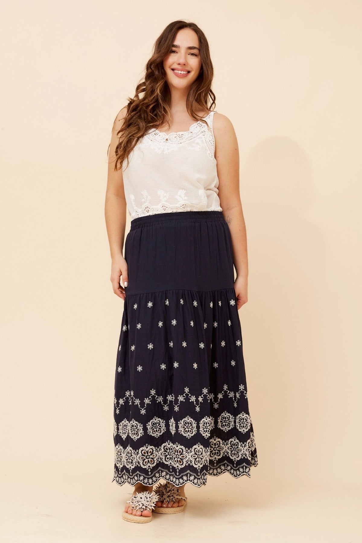 ODELA EMBROIDERED MIDI SKIRT (Navy)