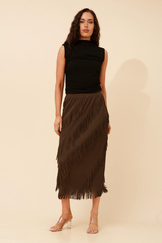 Image of a model wearing Skirts. Product name - INDA FRINGE MIDI SKIRT in Chocolate colour by brand - Caroline Morgan Australia