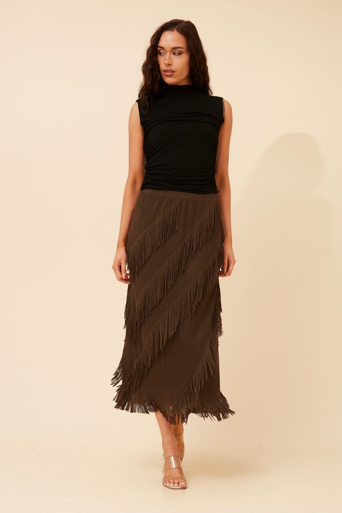 INDA FRINGE MIDI SKIRT (Chocolate)
