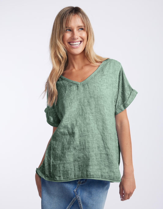 Image of a model wearing Tops. Product name - Calypso Linen Short Sleeve Top Sage in Sage colour by brand - Love from Italy