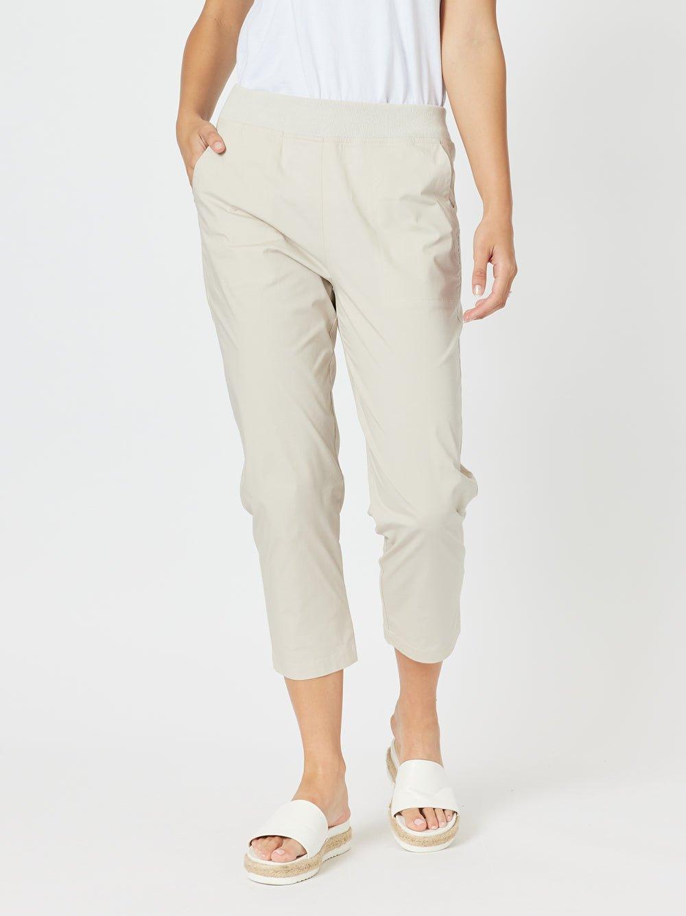 Image of a model wearing Pants. Product name - Santorini Cotton Capri Pant Stone in Stone colour by brand - Threadz