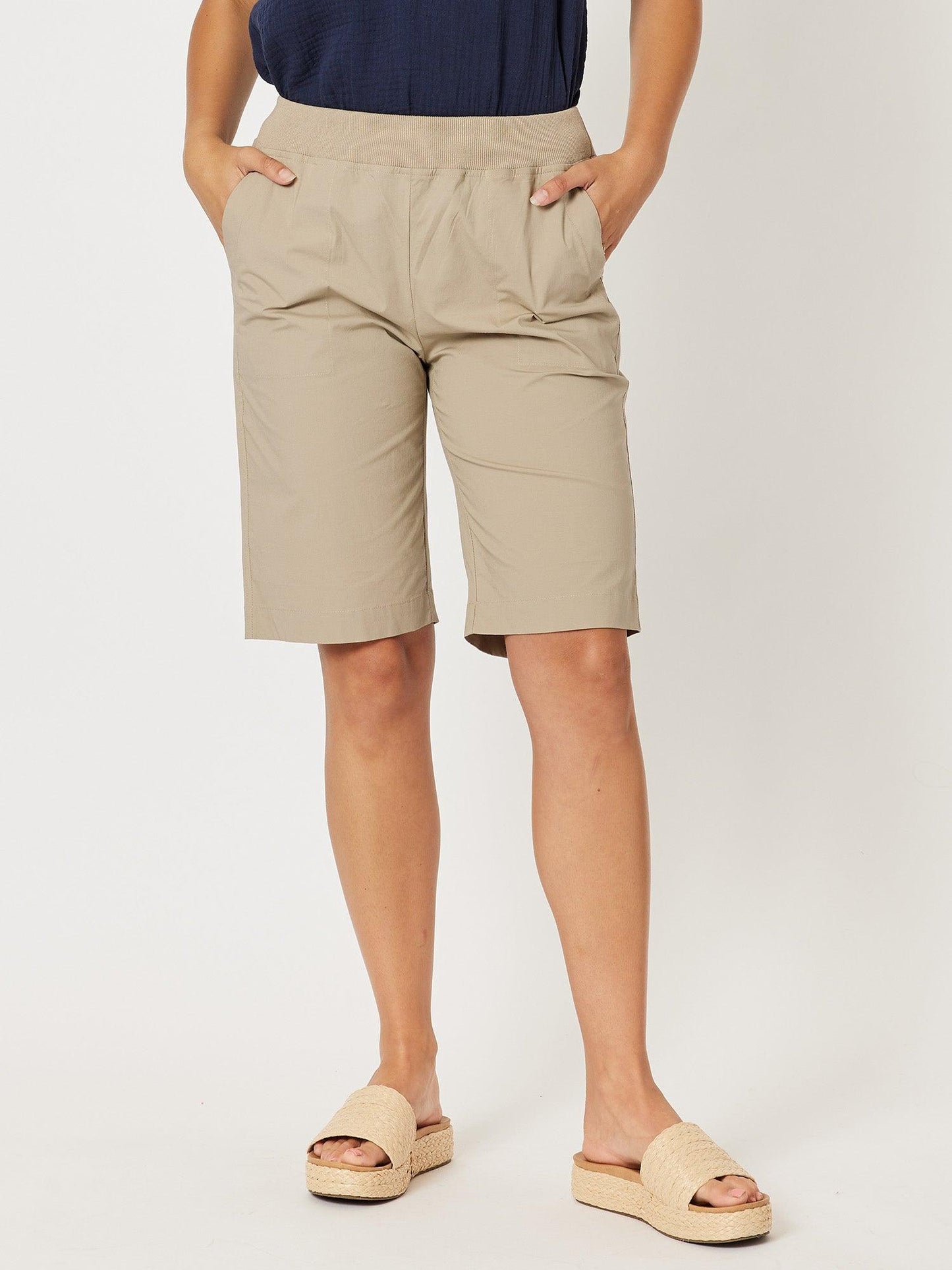 Image of a model wearing Shorts. Product name - Santorini Cotton Pull On Short Natural in Natural colour by brand - Threadz
