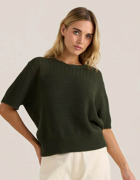 Image of a model wearing Outerwear. Product name - Cherri Knit Tee Olive in Olive colour by brand - Sass Clothing