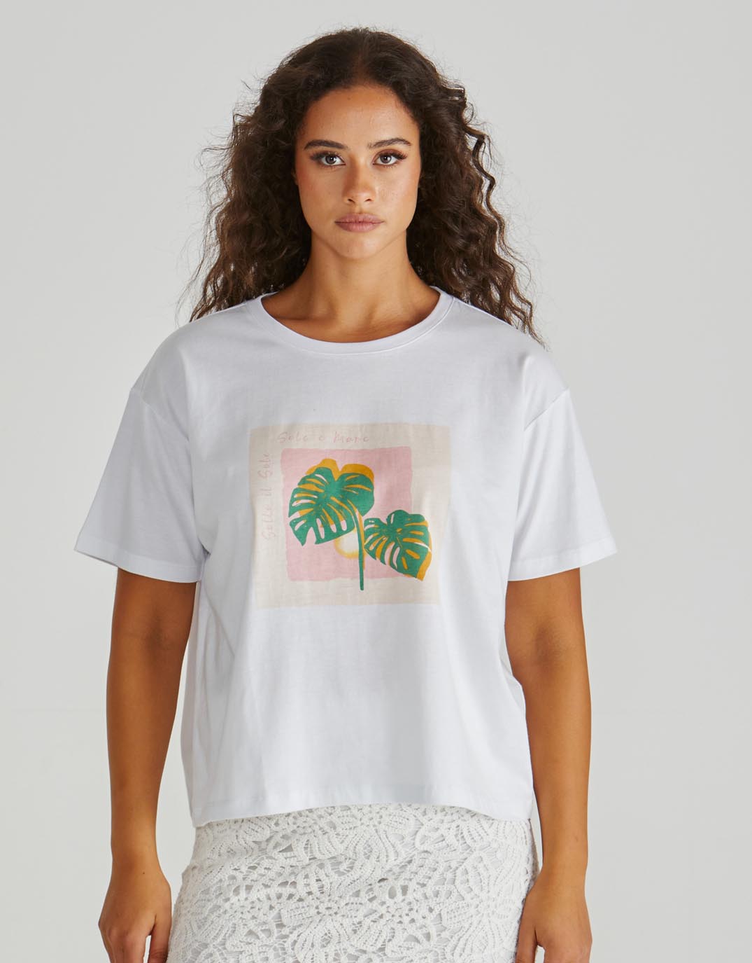 Image of a model wearing Tops. Productname: Cynthia Tee - in Palm colour by brand - Sass Clothing