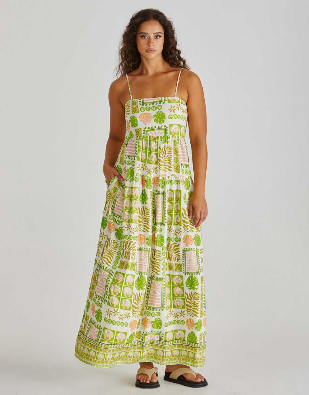Image of Dresses. Product name - Emmett Maxi Dress Green Shell Patchwork in Green Shell Patchwork colour by brand - Sass Clothing