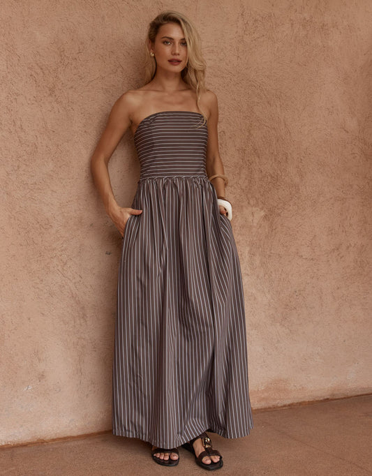 Image of Dresses. Product name - Everley Strapless Dress Choc Stripe in Chocolate Stripe colour by brand - Sass Clothing