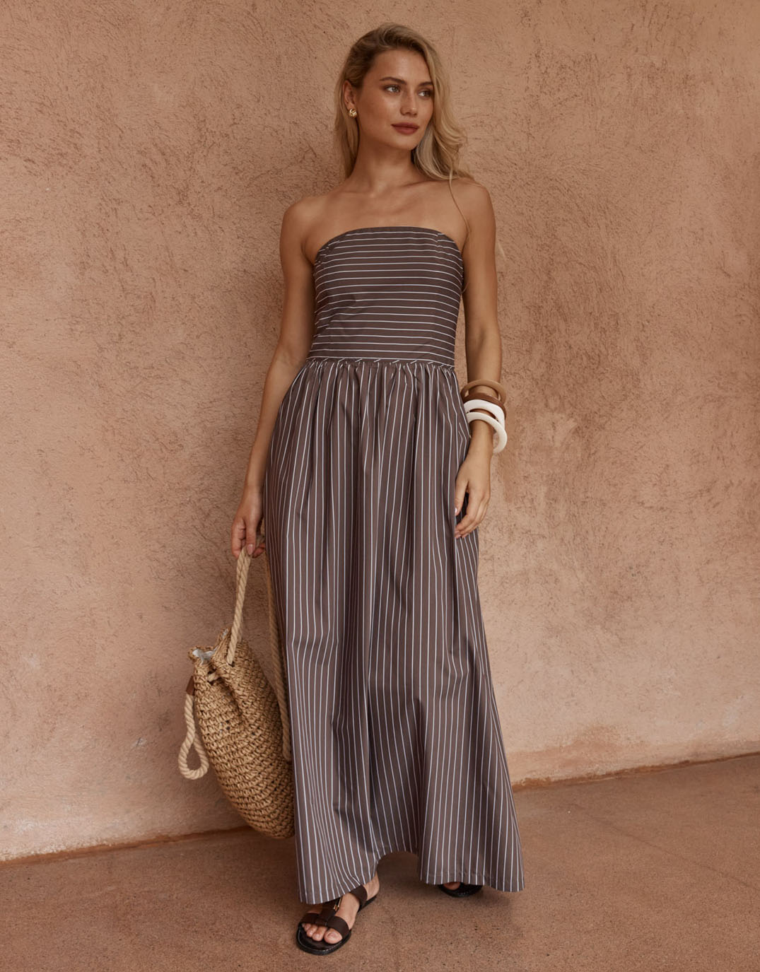 Sass Clothing Everley Strapless Dress Choc Stripe (Chocolate Stripe)
