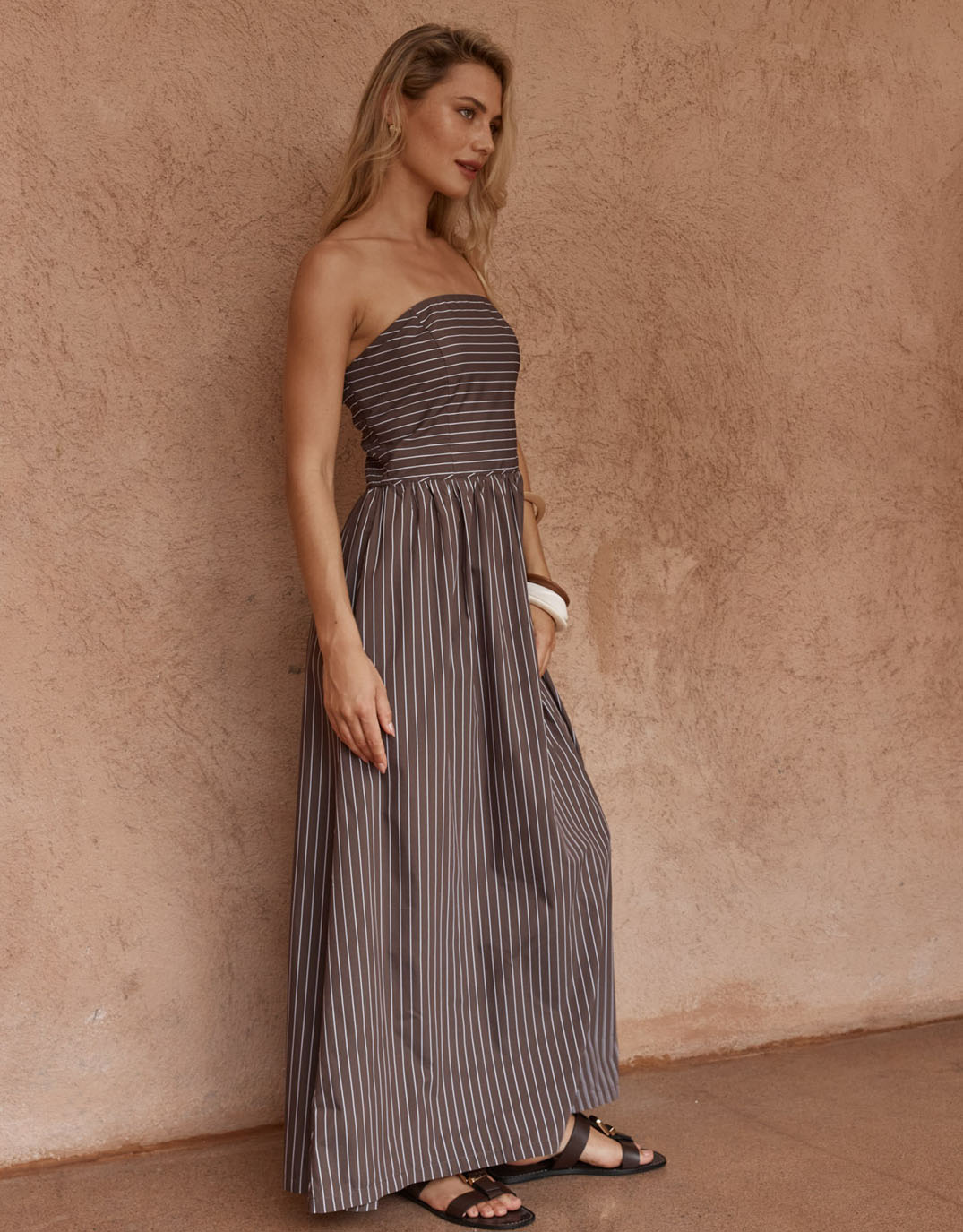 Sass Clothing Everley Strapless Dress Choc Stripe (Chocolate Stripe)