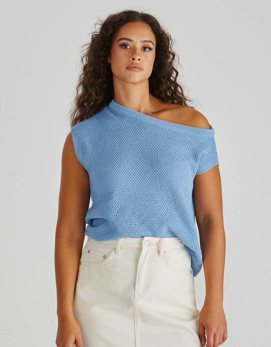 Image of a model wearing Tops. Productname: Jaci Knit Top - in Blue colour by brand - Sass Clothing