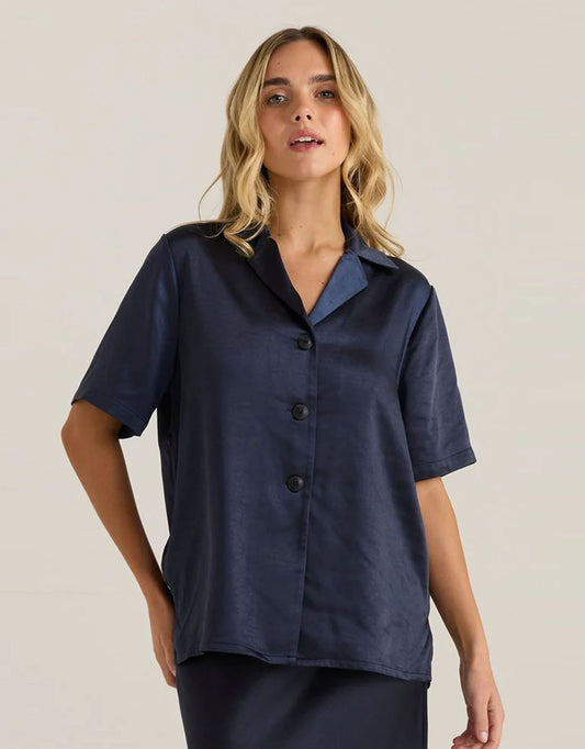 Image of Shirts. Product name - Jasper Satin Shirt Navy in Navy colour by brand - Sass Clothing