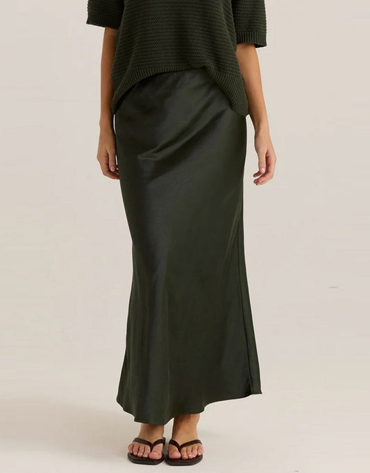 Image of a model wearing Skirts. Productname: Jasper Slip Skirt - in Olive colour by brand - Sass Clothing