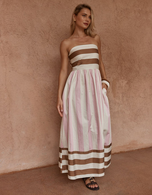 Image of Dresses. Product name - Nea Spliced Strapless Dress Neapolitan in Neapolitan colour by brand - Sass Clothing