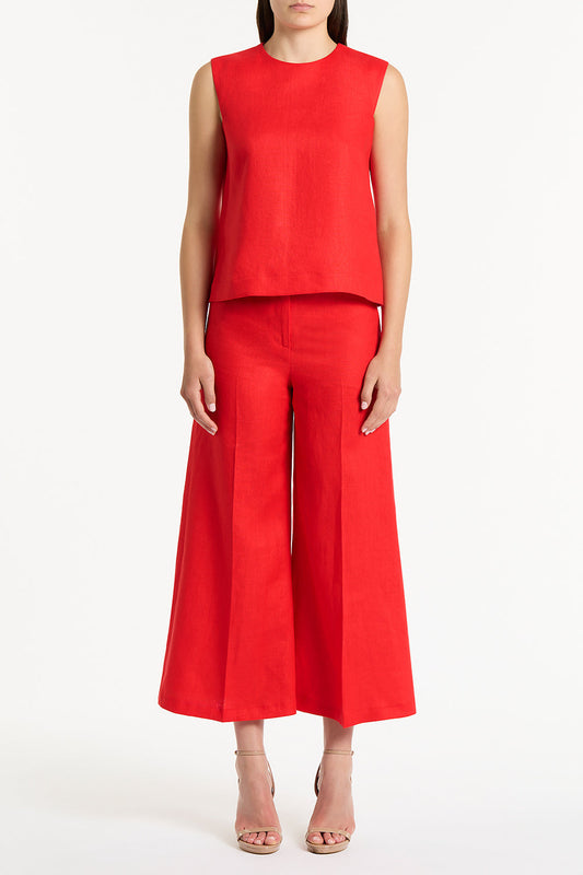 Image of a model wearing Tops. Product name - Scarlatto Linen Tank Top in Red colour by brand - Carla Zampatti