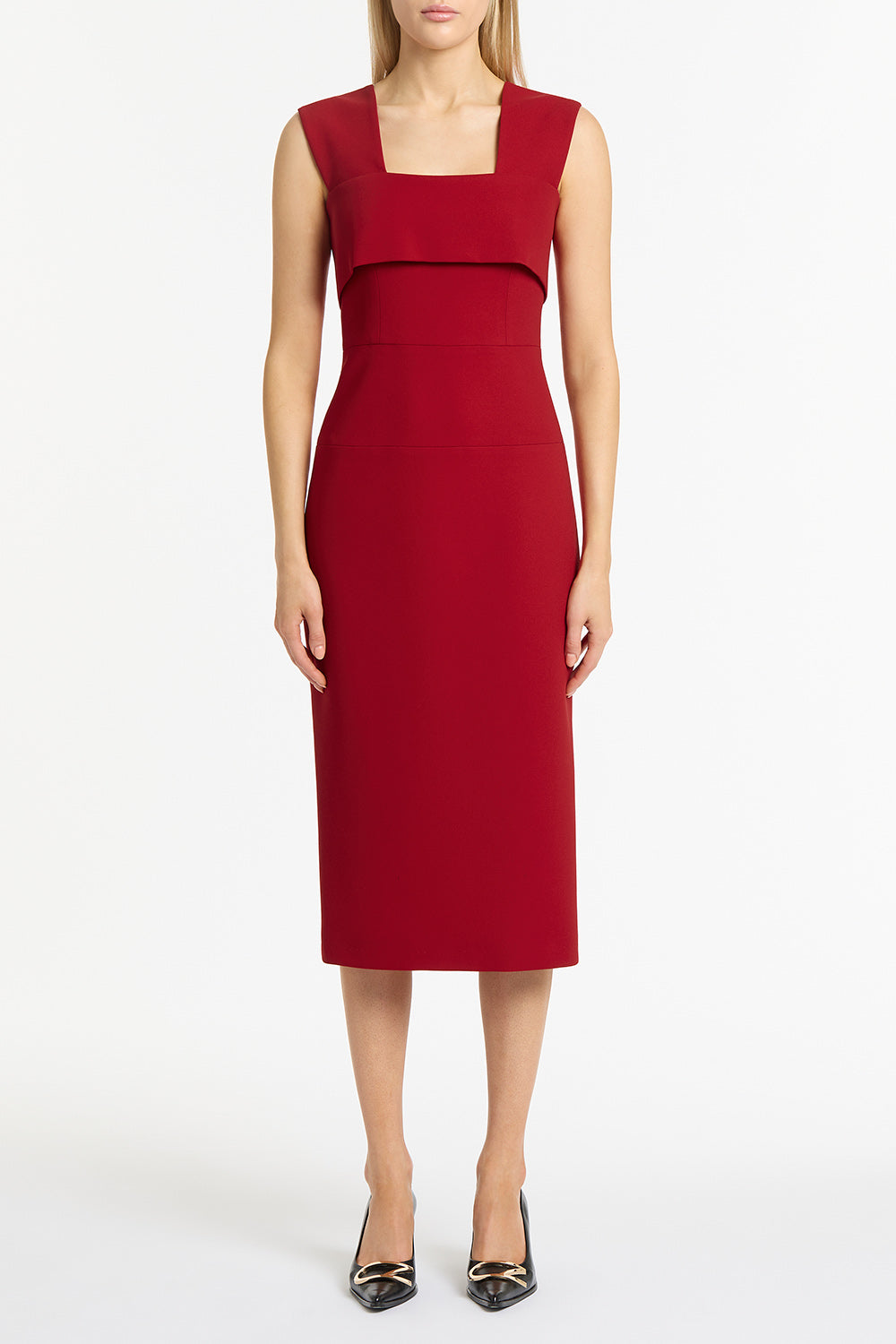 Image of Dresses. Product name - Scarlet Crepe La Banda Midi Dress in Red colour by brand - Carla Zampatti