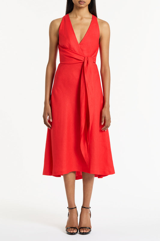Image of Dresses. Product name - Scarlatto Linen V-Neck Wrap Dress in Red colour by brand - Carla Zampatti
