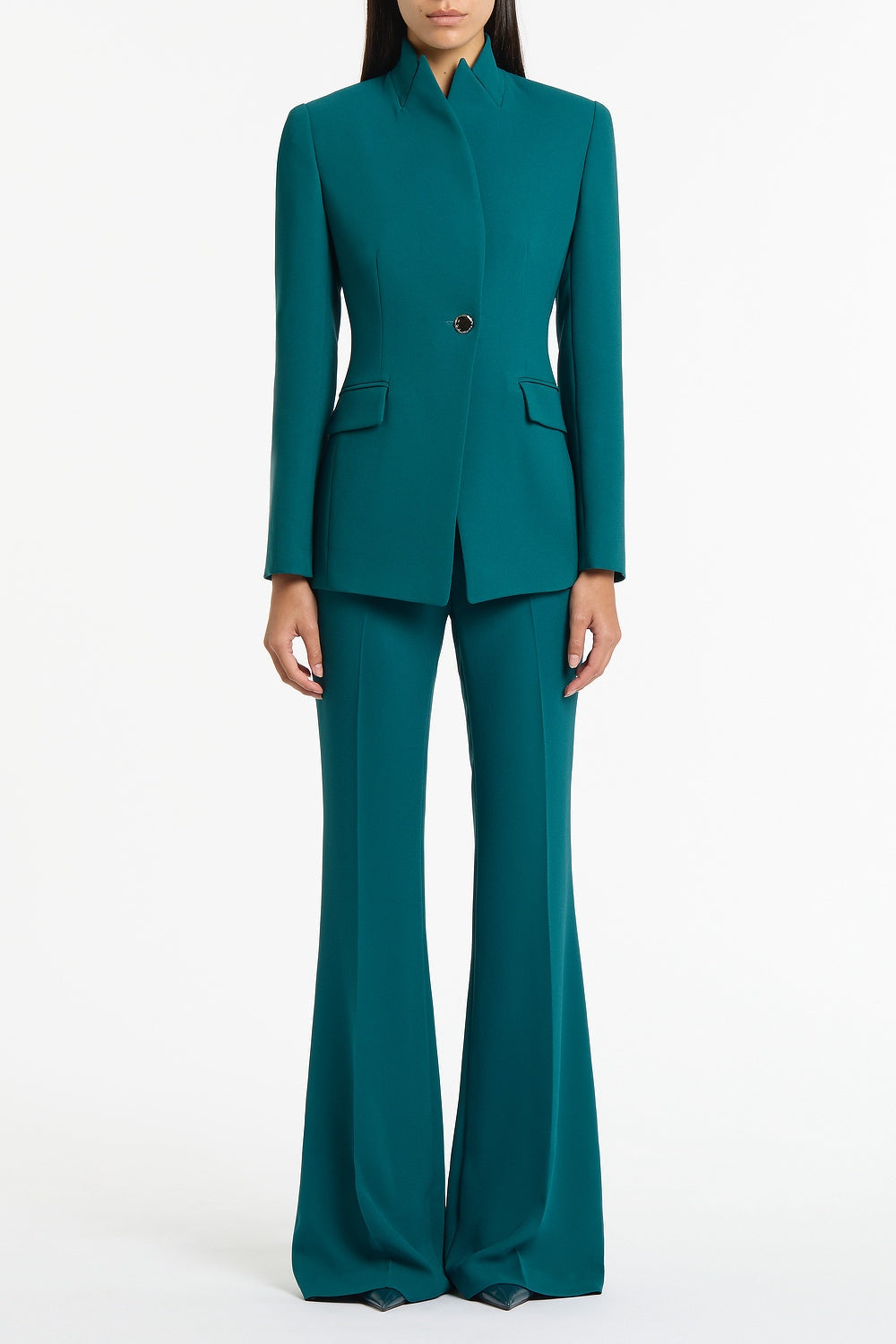 Image of Coats & Jackets. Product name - Serpentine Crepe Long Line Single Breasted Jacket in Green colour by brand - Carla Zampatti