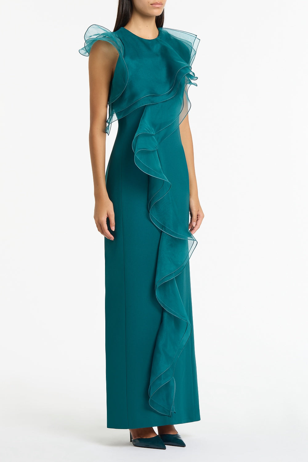 Carla Zampatti Serpentine Crepe Ruffle Front Gown (Green)